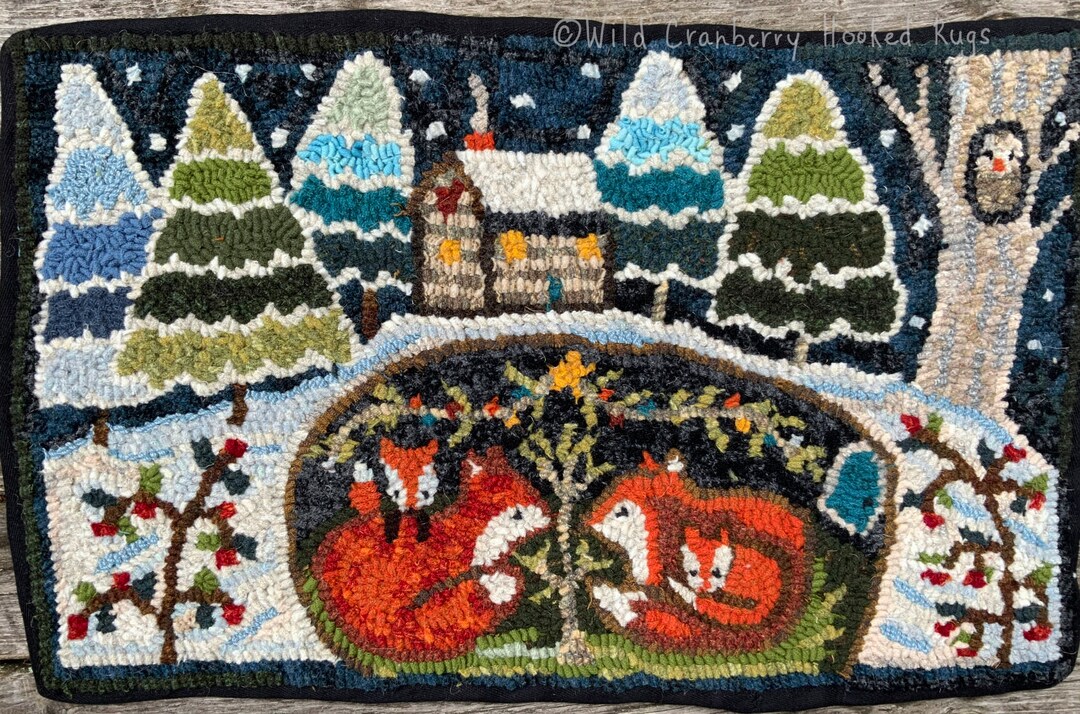 Primitive Hooked Rug Hooking Pattern Winter Holiday Woodland Fox Family ...