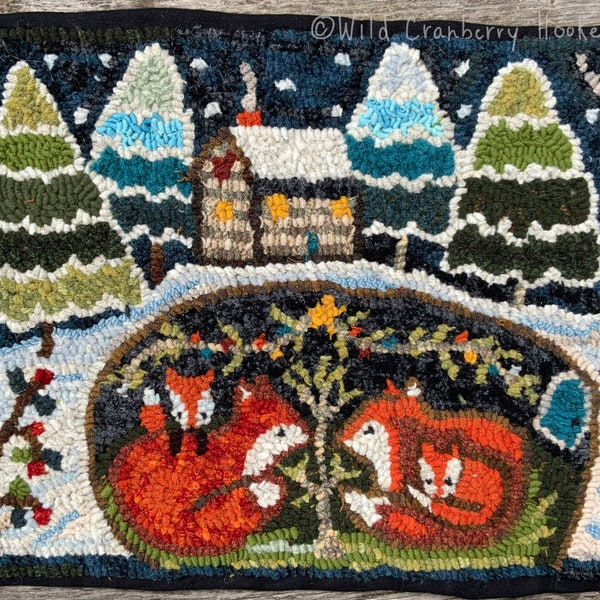 Primitive Hooked Rug Hooking Pattern Winter Holiday woodland fox family log cabin (not the rug!)  Digital pdf File Download to your computer