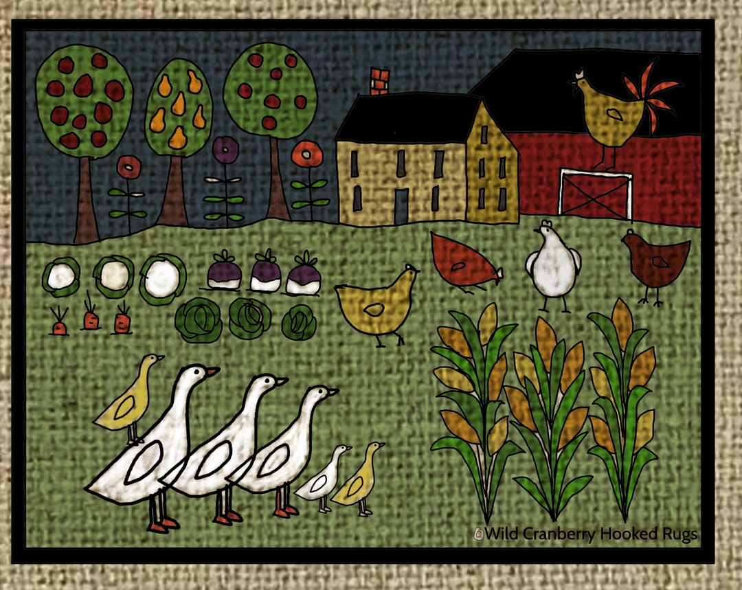 Primitive Hooked Rug Hooking Pattern Fall Farm Friends Geese Chickens ...