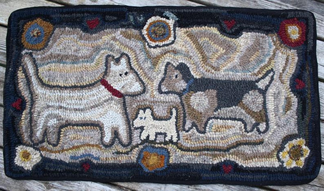 Primitive Hooked Rug Hooking Pattern Puppy Love Dogs (not the Rug ...