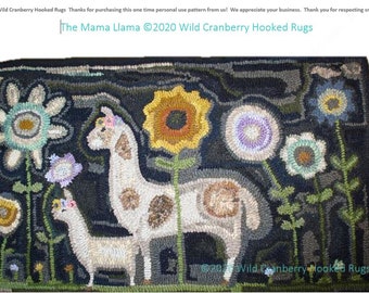 Primitive Hooked Rug Hooking Pattern The Mama Llama (not the rug!)  Digital pdf File Download to your computer