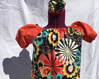 Vestido de manga corta con estampado floral funky para niñas, talla 24 meses con lazo para el pelo a juego.