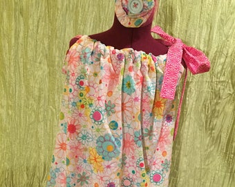 White Spring Floral Pillow Case Dress Size 6 with Matching Hair Bow