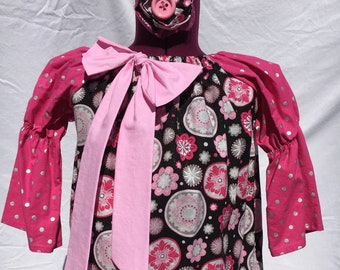 Vestido campesino negro y rosa talla 2T con lazo de pelo a juego