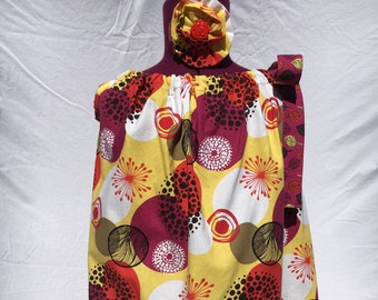 Bright Yellow and Magenta Circle Pillow Case Dress Size 4 with Matching Hair Bow