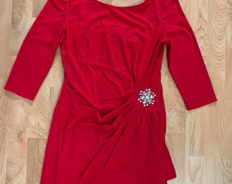 90’s Red evening dress with drape and added sparkle detail at hip