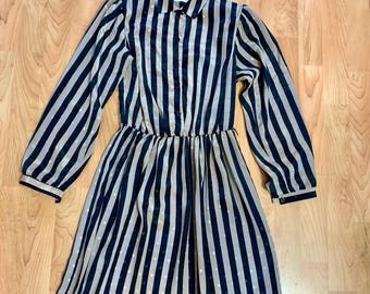 80’s Vintage Silky Black and Tan Striped Dress