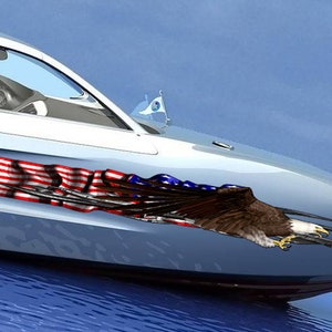 US Flag Ripped Metal Watercraft Vinyl, USA Flag Cigar Boat Side Graphics, US eagle Full Color Yacht Graphics