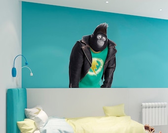 May include: A white bed with a yellow blanket and a blue headboard. A black and green gorilla wearing a leather jacket is on the wall behind the bed.