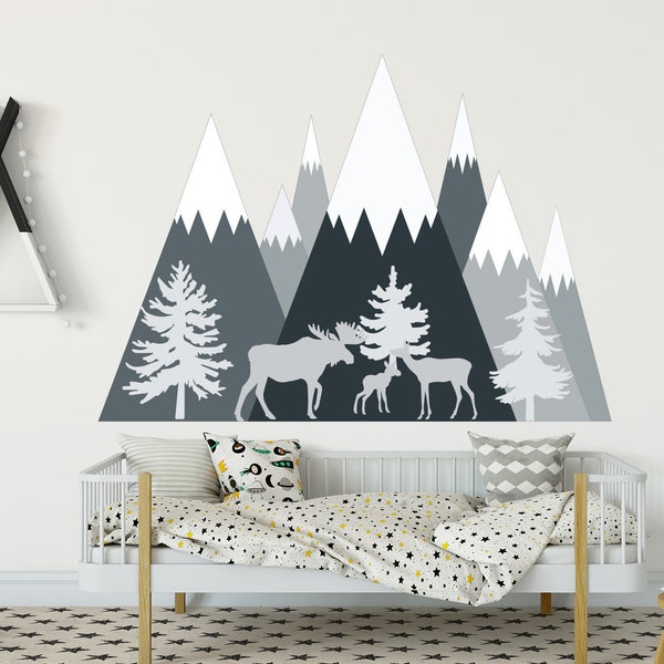 Mountain Wall Decal Baby Boy Nursery. Moose Family Wall Decal. Woodland Nursery Decor. Forest Animal Sticker. Grey Mountain Large Decal