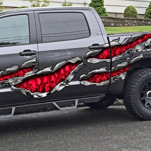 Skulls Truck Ripped Metal Graphics, Skulls Truck Wrap, Skull Truck Side Full Color Vinyl Sticker, Skull Truck Vinyl Side Decal