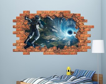 3D Spaceman Loch in der Wand Abziehbilder. Planeten Raum Galaxy Vinyl Aufkleber. Astronaut Wandbilder. Raum abnehmbare Aufkleber. Jungen Zimmer Dekor