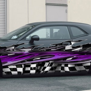 Checkered flag street racing car vinyl graphics, Racing flag car side wrap, 3D Racing flag car side vinyl decal, Checkered flag car design