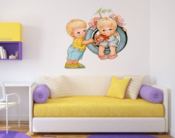 ブランコに乗った子供たちの壁用デカール、ブランコに乗った子供たちの壁用ステッカー、ブランコに乗った子供たちの壁用装飾