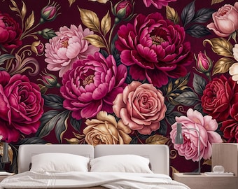 Burgundy Floral Wallpaper, Vintage Peony Rose Wall Mural, Moody Botanical Wallpaper, Dark Romantic Wallpaper, Peel and Stick 1204RS