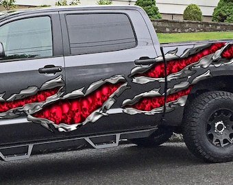 Skulls Truck Ripped Metal Graphics, Skulls Truck Wrap, Skull Truck Side Full Color Vinyl Sticker, Skull Truck Vinyl Side Decal