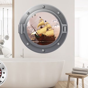 3D Sea Ship Wall Decal. Nautical Vinyl Sticker. Porthole Wall Mural. Sea Life Window Removable Decal. Brigantine Ship Bedroom Decor NT111