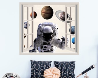 Väggdekaler med fönster och rymden. Vinylklistermärken med planeter och galaxer. Väggdekaler med astronaut. Avtagbara rymddekaler. Rymddekor för pojkars sovrum NT114