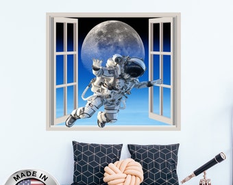 Väggdekaler med 3D-rymdfönster. Vinylklistermärken med astronautmotiv. Väggdekaler med galax. Avtagbara dekaler med måne. Rymdgalax, sovrumsdekor för pojkar, NT96