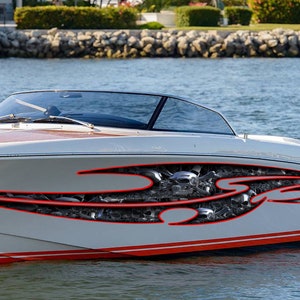 Skulls Bones Boat Vinyl Sticker, Pirate Boat Wrap, Full Color Cigar Boat Graphics Vinyl Decal, Skulls Racing Stripes Watercraft Graphics
