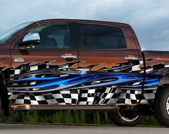 Racing flag Car Side Graphics, Ripped metal checkered flag Car Graphic, Full Color Car Side Graphics, Checkered flag Car Vinyl