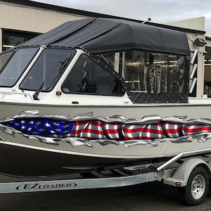 US Flag Ripped Metal Boat Vinyl Decal, USA Flag Cigar Boat Side Graphics, American Flag Full Color Yacht Wrap, Patriotic Boat Design