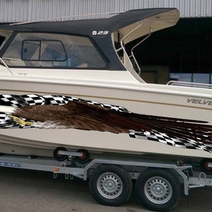Checkered Flag Ripped Metal Boat Vinyl, US Eagle Cigar Boat Side Graphics, American Pride Full Color Yacht Decal, Bold eagle Boat Sticker