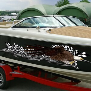 Checkered flag Ripped Metal Watercraft Vinyl, US eagle Cigar Boat Side Graphics, American pride  Full Color Yacht Graphics