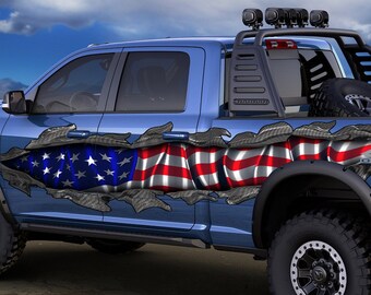American flag Full Color Car Side Graphics, USA Flag Car Vinyl Decal, US Flag Car Vinyl Side Wrap, Patriotic Car Vinyl Side Sticker