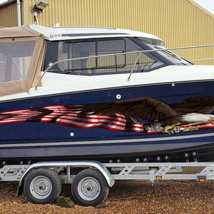 American pride Cigar Boat Side Graphics, Patriotic Sticker, US Bald Eagle Full Color Yacht Graphics, USA Flag Ripped Metal Watercraft Vinyl