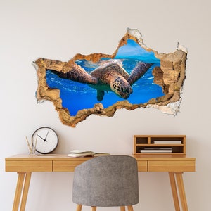 3d Effect Turtle Wall Decal. Underwater Life Wall Mural. Hole in the Wall Decal. Ocean Animal Wall Sticker Kids. Nautical Room Wall Decor