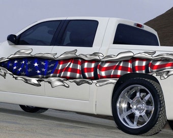 US Flag Car Vinyl Decal, US Pride Car Graphics, American Flag Car Wrap, USA Flag Ripped Metal Full Color Car Design, Patriotic Car Sticker