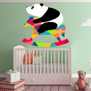 Panda Wall Decal, Teddy Bear Sticker, Polygonal Design, Swing Horse Vinyl Wallpapers, Baby Animal Wall Art, Multicolored Sticker Kids Room