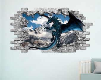 Dragon Hole in the Decals. Mountains Vinyl Sticker Murals. Blue Dragon Wall Decor. Dragon Animals Bedroom Decoration. Peel and Stick NT23