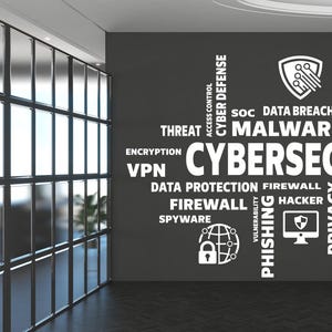 Väggdekal med ordmoln för cybersäkerhet | Vinylklistermärke med hackare, kryptering, skadlig kod och tekniksäkerhet | Anpassad kontorsdekor för cybersäkerhet 624LU