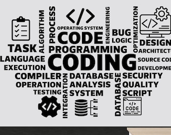 Décalcomanie murale en vinyle nuage de mots codifié, décoration de bureau technologie