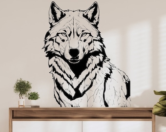 May include: Black and white silhouette of a wolf's head and shoulders on a white wall. The wolf is looking directly at the viewer. The wall is behind a wooden shelf with two drawers. There are two small potted plants on the shelf.