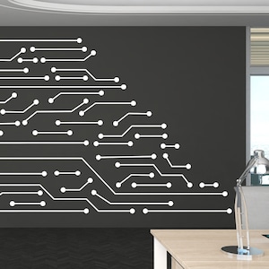 Puede incluir: Una pared negra con un diseño de circuito impreso blanco. El diseño está formado por líneas y círculos.