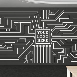 Puede incluir: Una pared negra con un diseño de circuito impreso blanco. El diseño tiene un cuadrado en el centro con el texto "YOUR LOGO HERE".