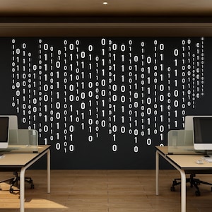 Puede incluir: Un interior de oficina moderno con dos escritorios y sillas. La pared detrás de los escritorios es negra con un gran diseño blanco de código binario en forma de los Estados Unidos.