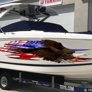 US eagle Cigar Boat Wrap Yacht Vinyl, Watercraft Sticker Design, 3D US Flag Boat Graphics Ripped Metal Full Color Speed Boat Vinyl Design
