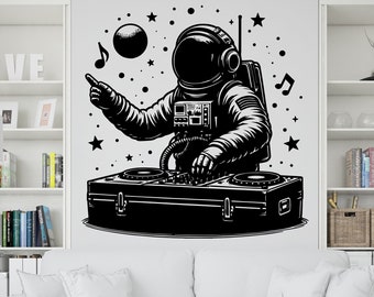 Astronaut Dj Playing music wall decor, Astronaut Wall Decals Stars, Space, Girl, Boy, Gifts, Bedroom, Vinyl, Wall Art, Planet 246RS