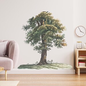 May include: A living room interior with a pink sofa, a wooden coffee table, a potted plant, and a wall with a large, illustrated tree decal. There is a wooden cabinet with shelves and a clock on the wall.