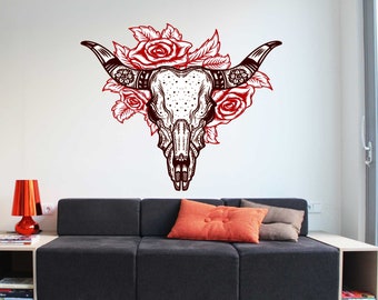 Buffalo Skull Flower Wall Decal, Buffalo Skull Flower Wall sticker, Buffalo Skull Flower wall decor