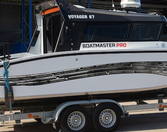 May include: A white and black Voyager 67 boat with a black and grey stripe design on the side. The boat is on a trailer with two wheels and the text "BOATMASTER.PRO" is on the side of the boat.