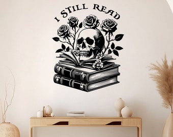 I still Read book skull wall art, Library vinyl wall art decals, book shelves decor, education decals, reading room, nurseries, kids 250RS