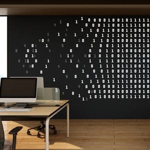 May include: An office setting with a desk, chair, and computer. A black wall features a binary code design in white. The room has a large window and wooden flooring, creating a modern workspace.