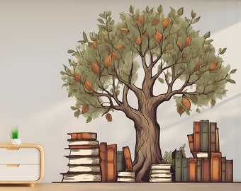 Puede incluir: Una pared blanca con una ilustración dibujada a mano de un árbol con hojas verdes y frutos naranjas. El árbol está rodeado de pilas de libros de varios colores y tamaños.