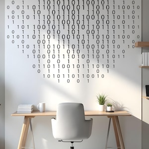 May include: A modern home office setup featuring a wooden desk, a gray office chair, and a wall decorated with a binary code design. Potted plants and a laptop add to the contemporary aesthetic. The room is well-lit and minimalist.