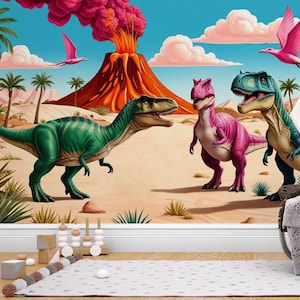Dinosaur Wall Decal | Dino Wallpaper | Prehistoric Wall Mural for Kids Room Nursery | T-Rex Jungle Decor 598LU